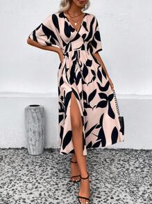 SHEIN LUNE Allover Leaf Print Split Thigh Dress - Multicolor - View 6