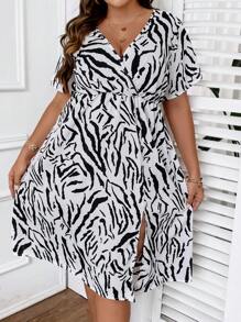 Calvaya Plus Zebra Striped Print Split Thigh Dress - White - View 3