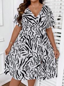 Calvaya Plus Zebra Striped Print Split Thigh Dress - White - View 5