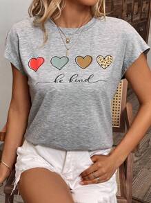 SHEIN LUNE Heart & Letter Graphic Batwing Sleeve Tee - Grey - View 5