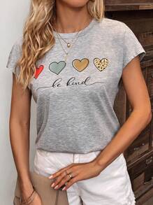 SHEIN LUNE Heart & Letter Graphic Batwing Sleeve Tee - Grey - View 3