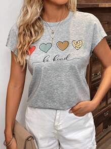 SHEIN LUNE Heart & Letter Graphic Batwing Sleeve Tee - Grey - View 4