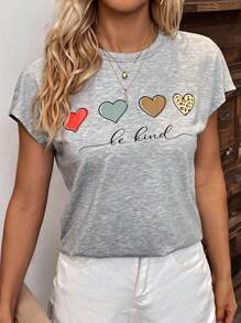 SHEIN LUNE Heart & Letter Graphic Batwing Sleeve Tee - Grey - View 1