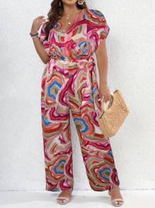 SHEIN LUNE Plus Allover Print Puff Sleeve Belted Wide Leg Jumpsuit - Multicolor - View 2