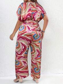 SHEIN LUNE Plus Allover Print Puff Sleeve Belted Wide Leg Jumpsuit - Multicolor - View 3