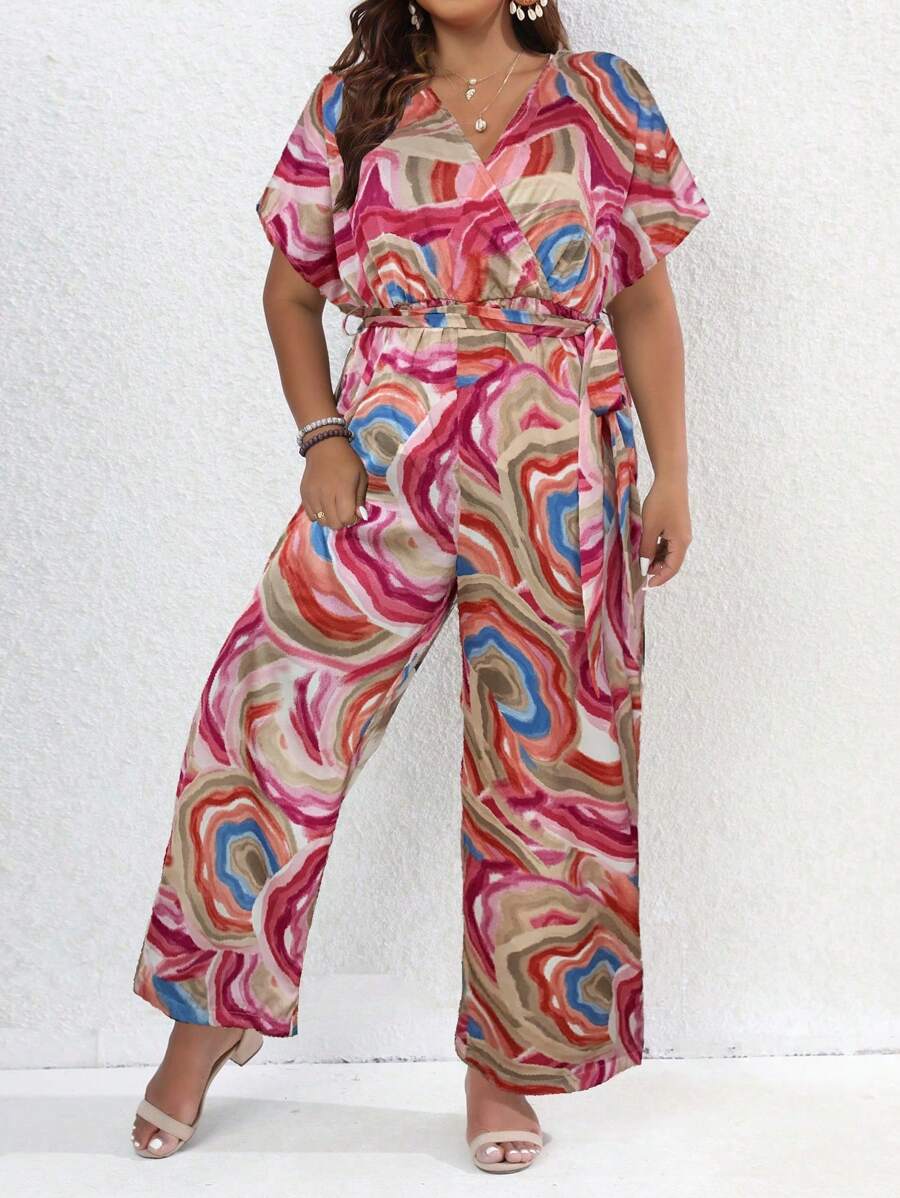 SHEIN LUNE Plus Allover Print Puff Sleeve Belted Wide Leg Jumpsuit - Multicolor - View 1