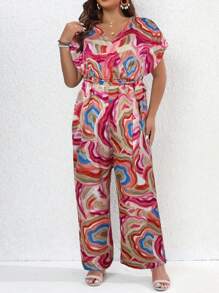 SHEIN LUNE Plus Allover Print Puff Sleeve Belted Wide Leg Jumpsuit - Multicolor - View 4