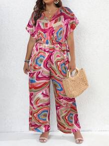SHEIN LUNE Plus Allover Print Puff Sleeve Belted Wide Leg Jumpsuit - Multicolor - View 5