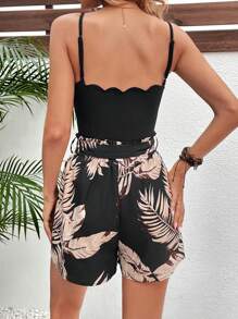 SHEIN Frenchy 女士贝壳边饰无袖修身上衣和宽松印花短裤两件套 - 彩色 - 查看 2