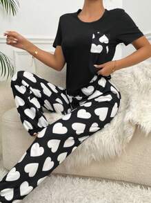 Heart Print Pocket Patched Tee & Trousers PJ Set - Black and White - View 1