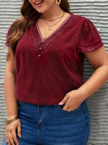 SHEIN Frenchy 大碼圓點蕾絲拼接泡泡袖襯衫 - 酒紅色 - 查看 1