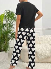 Heart Print Pocket Patched Tee & Trousers PJ Set - Black and White - View 2