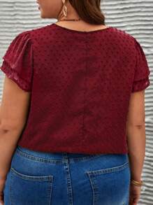 SHEIN Frenchy 大碼圓點蕾絲拼接泡泡袖襯衫 - 酒紅色 - 查看 2