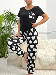 Heart Print Pocket Patched Tee & Trousers PJ Set - Black and White - View 3