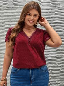 SHEIN Frenchy 大碼圓點蕾絲拼接泡泡袖襯衫 - 酒紅色 - 查看 3