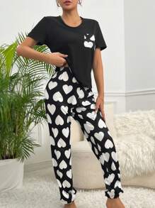 Heart Print Pocket Patched Tee & Trousers PJ Set - Black and White - View 4