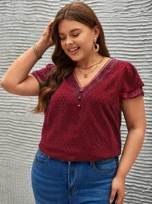 SHEIN Frenchy 大碼圓點蕾絲拼接泡泡袖襯衫 - 酒紅色 - 查看 5