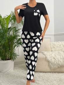 Heart Print Pocket Patched Tee & Trousers PJ Set - Black and White - View 5