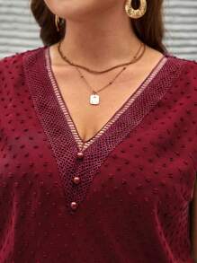 SHEIN Frenchy 大碼圓點蕾絲拼接泡泡袖襯衫 - 酒紅色 - 查看 6