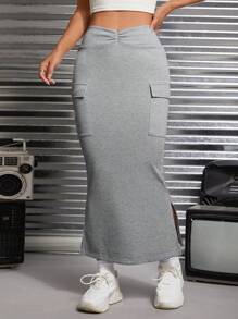 SHEIN PETITE 翻蓋口袋開衩短裙 - 灰色 - 查看 5