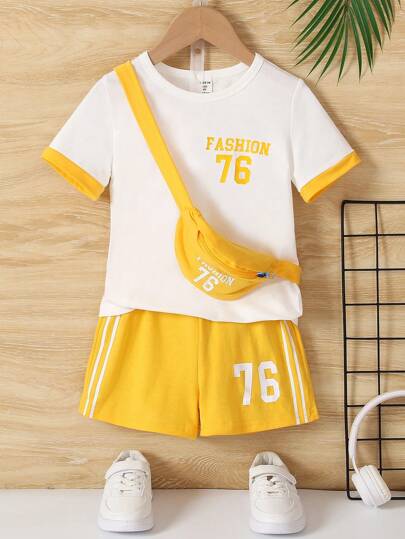 SHEIN Young Boy Letter Graphic Contrast Trim Tee & Striped Tape Shorts & Bag