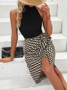 SHEIN Clasi 幾何印花側打結圍裹下擺掛脖連衣裙 - 彩色 - 查看 3