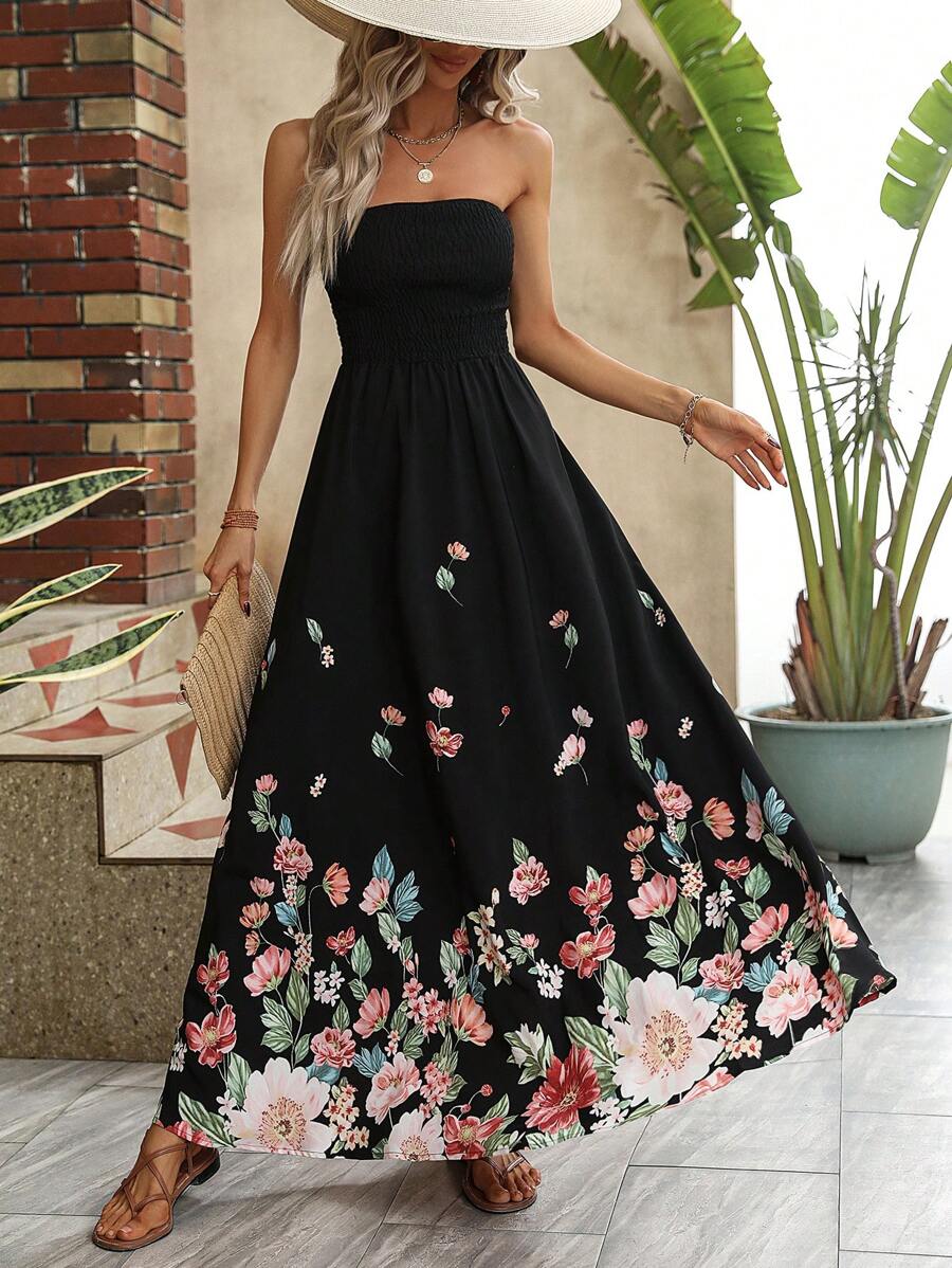 Breezaya Floral Print Tube Dress Maxi Vacation Beach Outfits Women - Black - View 1