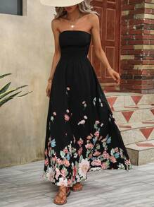 Breezaya Floral Print Tube Dress Maxi Vacation Beach Outfits Women - Black - View 3