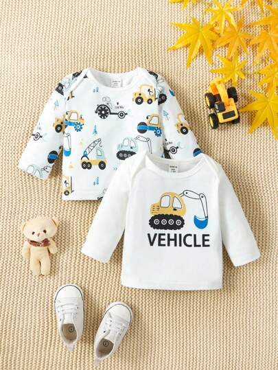 SHEIN Baby Boys' Cute Casual Top Two Piece Set With Car Pattern, Autumn And Winter