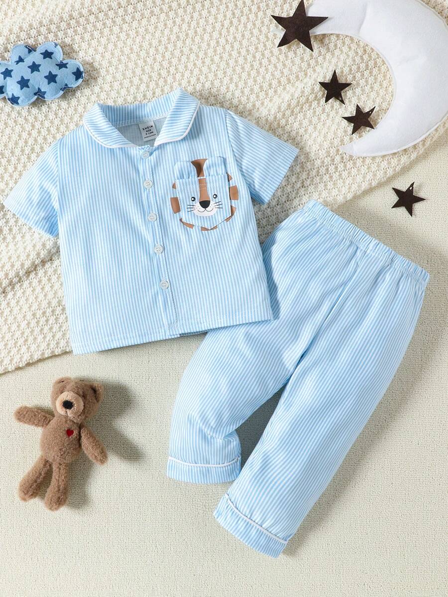Baby Girl Striped & Cartoon Graphic PJ Set - Blue and White - View 1