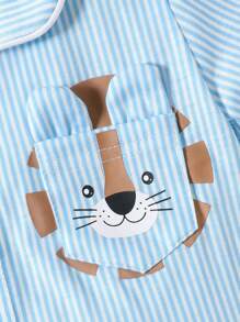 Baby Girl Striped & Cartoon Graphic PJ Set - Blue and White - View 3