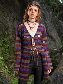 ROMWE Hippie Sọc Xu hướng: Cắt giảm Tie Trước Áo len Mở - Nhiều màu - Xem 1