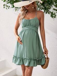 SHEIN Maternity Fold Pleated Ruffle Hem Criss Cross Backless Cami Dress - Mint Green - View 1