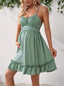 SHEIN Maternity Fold Pleated Ruffle Hem Criss Cross Backless Cami Dress - Mint Green - View 2