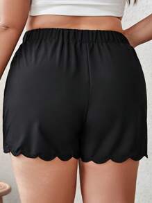 SHEIN VCAY 大碼花卉刺繡貝殼邊前繫帶短褲 - 黑色 - 查看 2