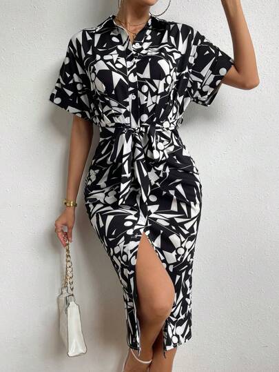 SHEIN Clasi 滿版印花腰帶襯衫連衣裙