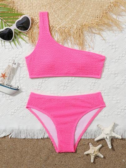 SHEIN Tween Girls'Solid Color Textured One Shoulder Bikini Set,Pink Cute Summer Beach Holiday Bathing Suits For Teens 2 Pieces Swim Suits