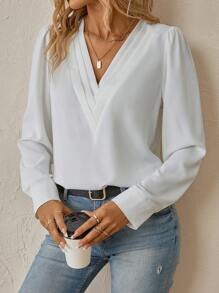 SHEIN Clasi Chất rắn Cổ v Ống tay áo Áo sơ mi - trắng - Xem 4