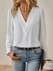 SHEIN Clasi Chất rắn Cổ v Ống tay áo Áo sơ mi - trắng - Xem 5