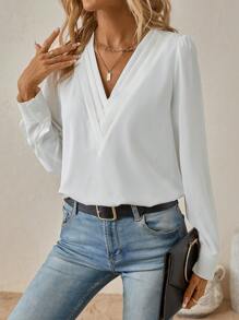 SHEIN Clasi Chất rắn Cổ v Ống tay áo Áo sơ mi - trắng - Xem 6