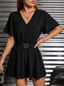 SHEIN PETITE Chất rắn áo tay bướm Thắt lưng Romper - màu đen - Xem 1