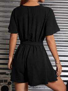 SHEIN PETITE Chất rắn áo tay bướm Thắt lưng Romper - màu đen - Xem 2