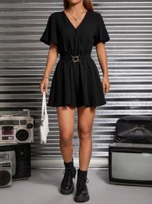 SHEIN PETITE Chất rắn áo tay bướm Thắt lưng Romper - màu đen - Xem 3