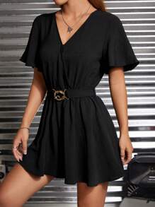 SHEIN PETITE Chất rắn áo tay bướm Thắt lưng Romper - màu đen - Xem 6