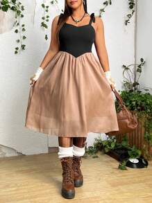 SHEIN PUNK 大碼雙色肩上打結吊帶洋裝 - 彩色 - 查看 1