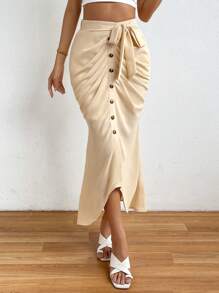 SHEIN Privé Xù Nút phía trước Thắt lưng Váy nàng tiên cá - Màu be - Xem 1