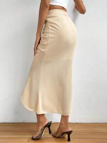 SHEIN Privé Xù Nút phía trước Thắt lưng Váy nàng tiên cá - Màu be - Xem 2