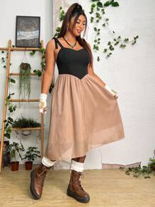 SHEIN PUNK 大碼雙色肩上打結吊帶洋裝 - 彩色 - 查看 6