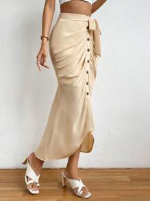 SHEIN Privé Xù Nút phía trước Thắt lưng Váy nàng tiên cá - Màu be - Xem 3