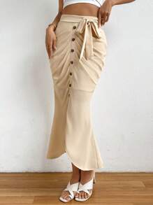 SHEIN Privé Xù Nút phía trước Thắt lưng Váy nàng tiên cá - Màu be - Xem 4